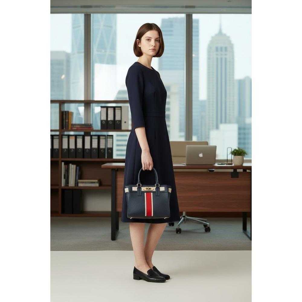 Aldo Navy Blue Pebbled Satchel Handbag Red Cream Stripe‎ Gold Hardware Tote
